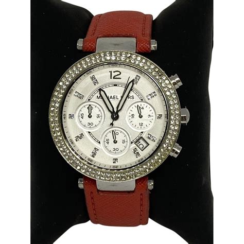 Michael Kors Parker Silver Dial Red Leather Strap Watch for 